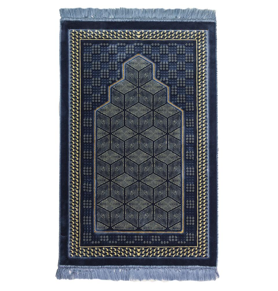 Premium Lux Plush Velvet Islamic Prayer Rug with Geometric Mihrab Design - Soft Blue Prayer Mat for Home, Mosque & Travel - Perfect for Daily Salah, Jumu'ah & Ramadan Prayers