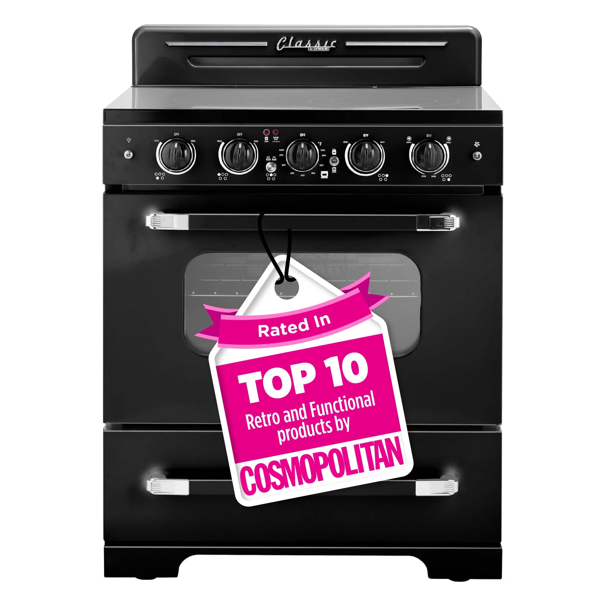 Unique Appliances UGP-30CR EC B 30-Inch Freestanding Electric Convection Oven with Retro Design - 5-Element Glass Cooktop, Radiant Heating, Midnight Black - Perfect for Kitchens, Restaurants & Small Spaces
