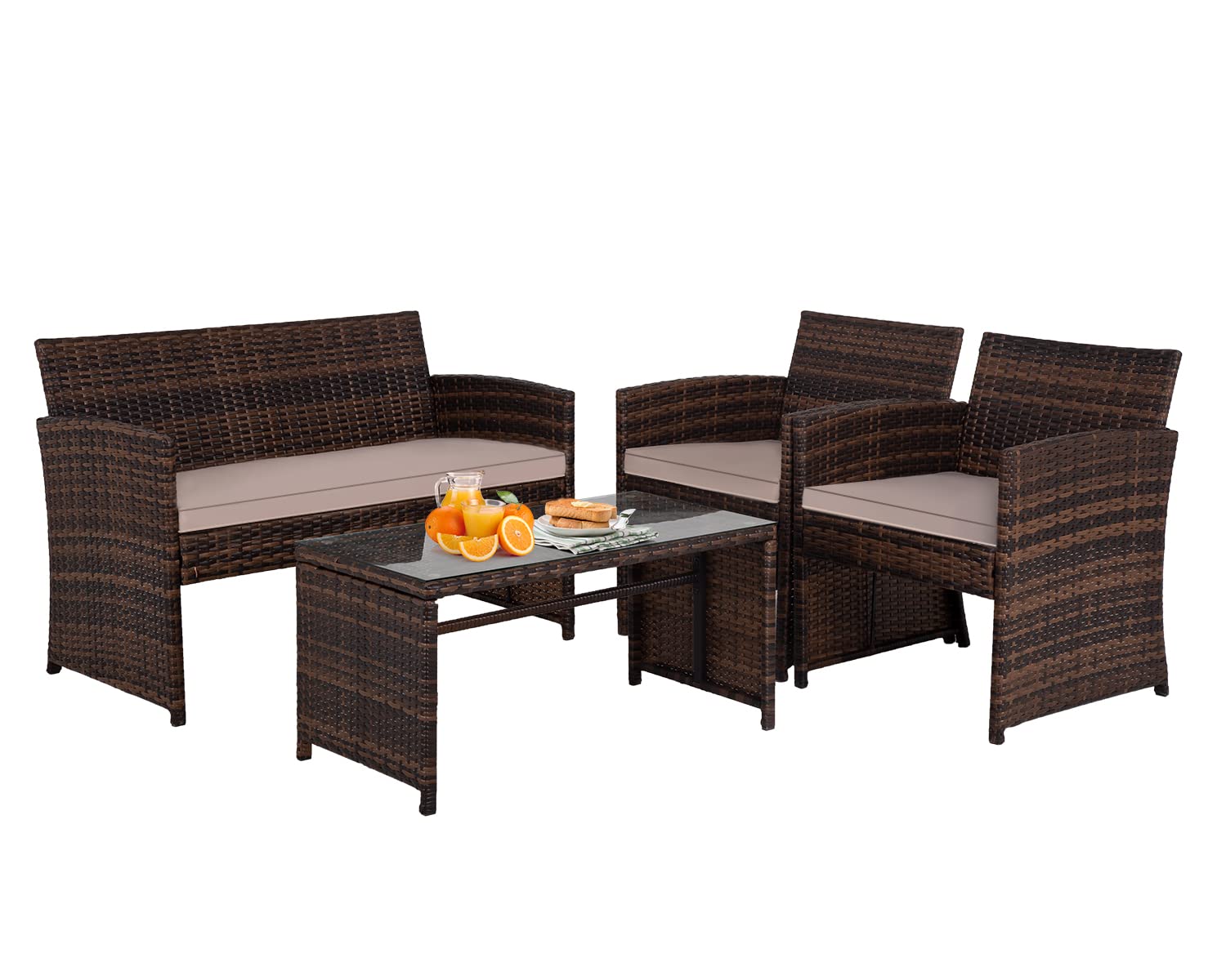 4-Piece Brown Wicker Patio Furniture Set with Khaki Cushions & Glass Table - Outdoor Rattan Conversation Set for Loveseats, Poolside, Lawn, Porch, Balcony & Garden Use - Perfect for Indoor/Outdoor Relaxation & Entertaining