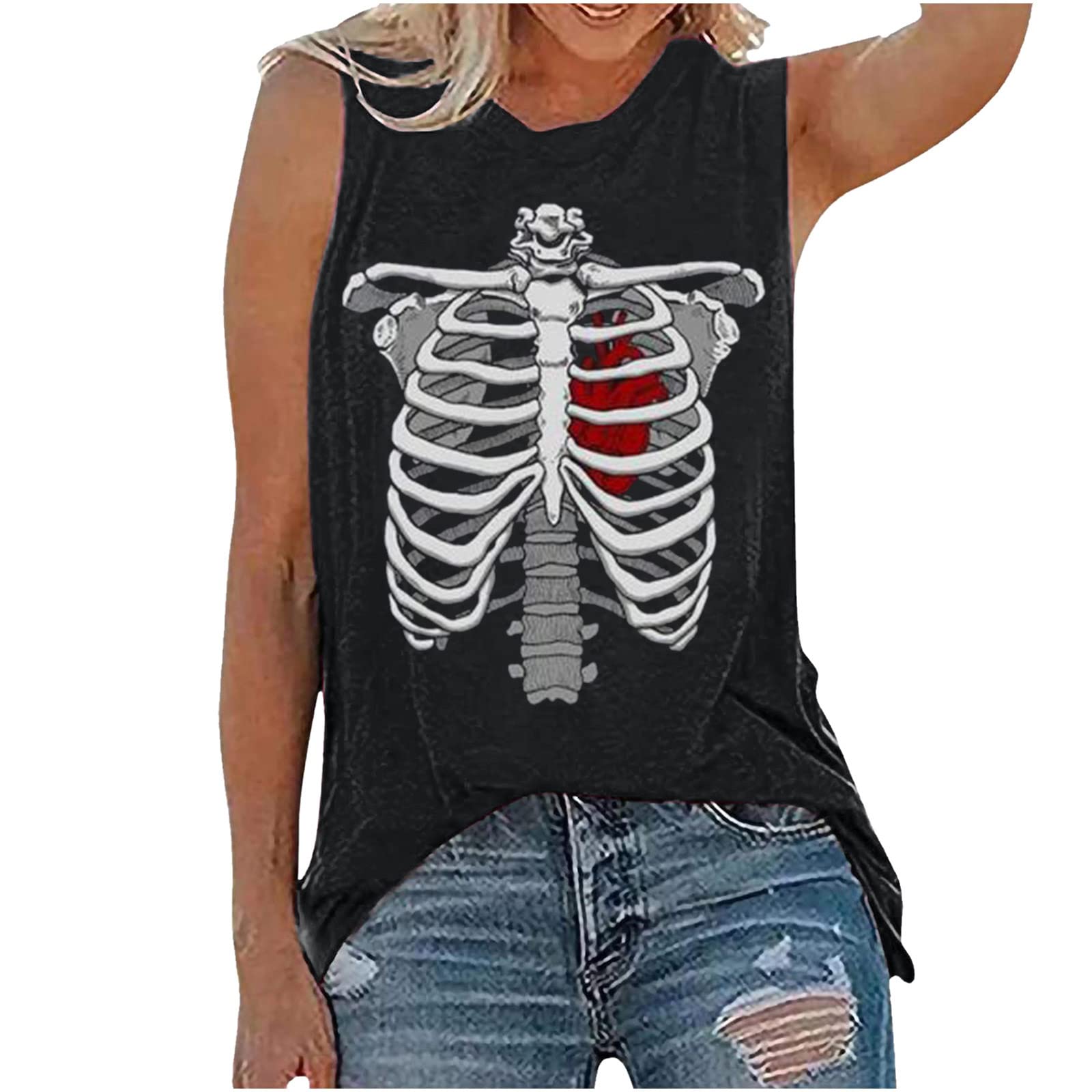 Vintage Women's Tank Tops - Sleeveless Crewneck Y2K Grunge Tees with Punk Skull Design | Perfect for Halloween, Concerts & Streetwear Fashion