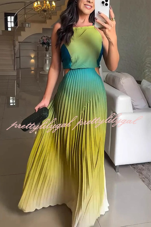 Elegant Backless Tie Gradient Pleated Maxi Dress for Women - Summer Beach Wedding Party Formal Evening Gown