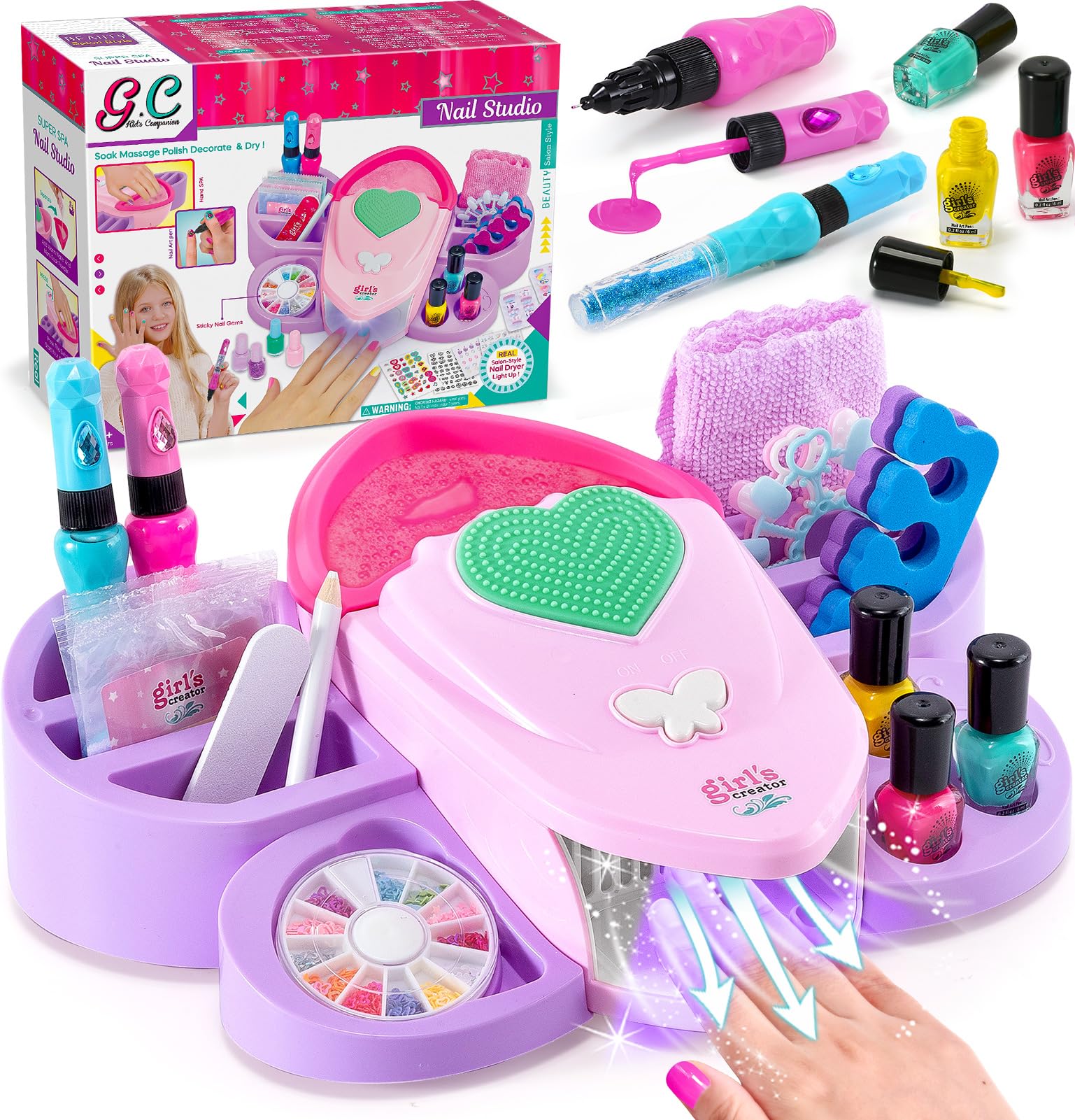 G.C Kids Nail Polish Set - 12 Non-Toxic Colors Nail Art Kit with Storage Desk, Nail Dryer & Hand Massage Spa Tools - Perfect Manicure Salon Toy Gift for Girls Ages 6-12 - Birthday, Christmas Present for Little Princess Spa Day at Home
