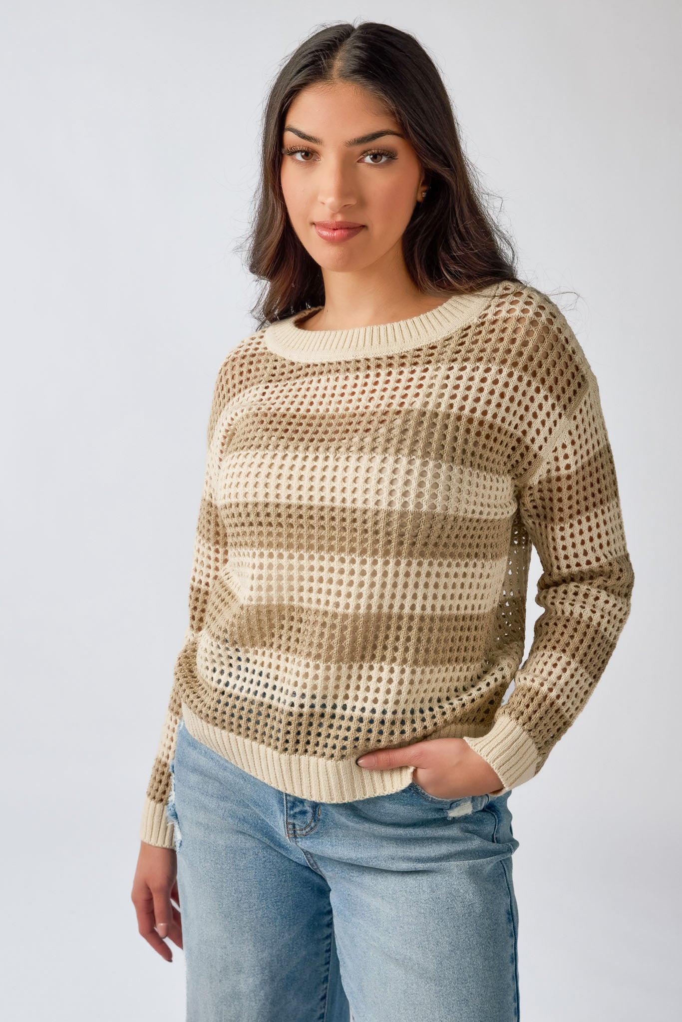 Open Knit Crewneck Sweater for Women - Soft Breathable Lightweight Pullover - Perfect for Casual Outfits, Layering & Fall Fashion