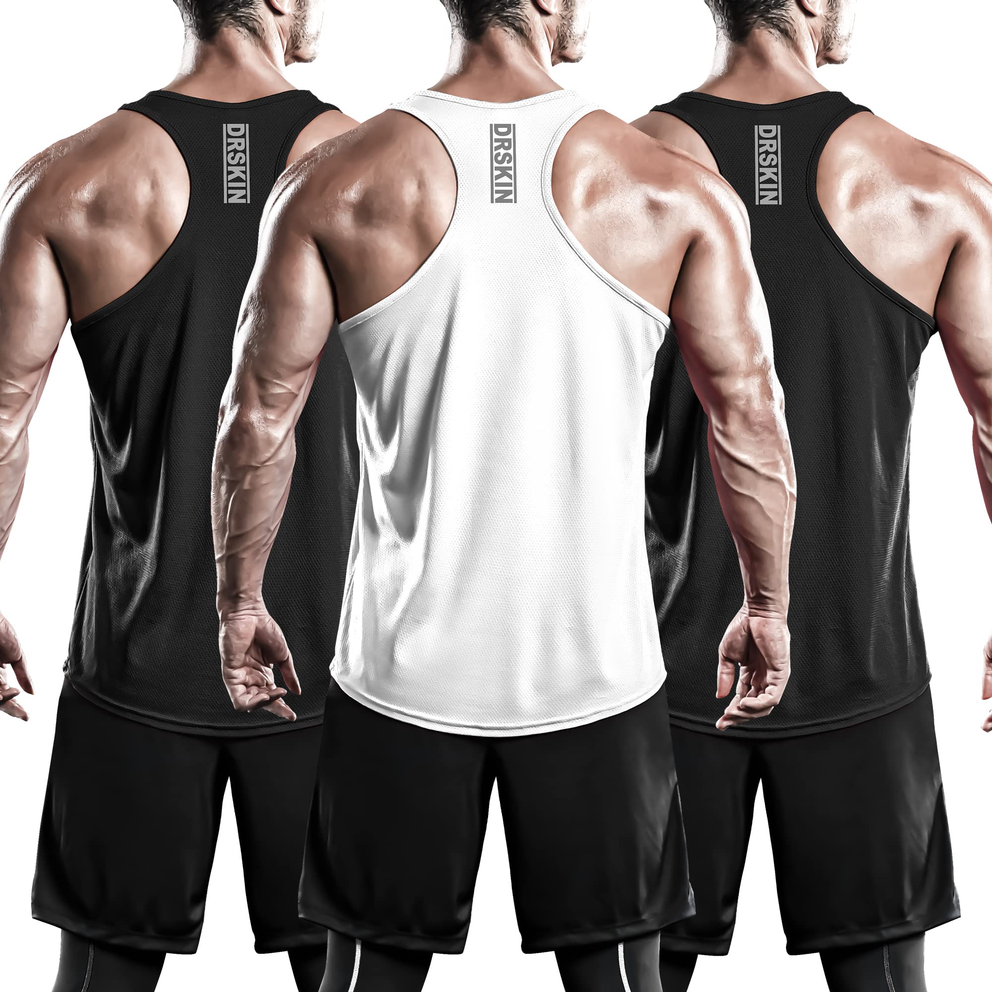 DRSKIN Men's 3 Pack Moisture Wicking Y-Back Muscle Tank Tops - Breathable Mesh Sleeveless Gym Shirts for Bodybuilding, Weightlifting & Intense Workouts - Stay Cool During CrossFit, HIIT & Summer Training