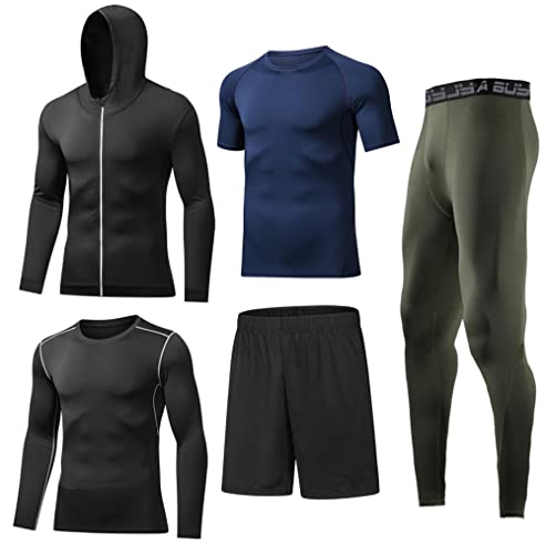 BUYJYA 5-Pack Men's Compression Workout Set - Long Sleeve Shirt & Pants for Gym, Running, Training | Moisture-Wicking Athletic Clothing | Valentine's Day Gift for Him | Perfect for Workouts, Sports & Active Lifestyles