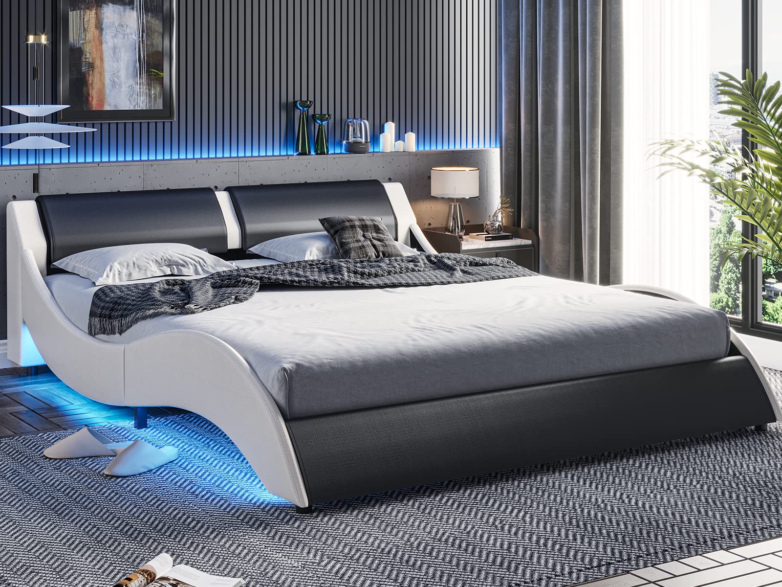 Modern Queen LED Bed Frame with Faux Leather Upholstery - Wave Design Platform Bed with Underlighting, Low Profile Headboard & Sturdy Wood Slat Support (Black/White) - Perfect for Contemporary Bedrooms, Guest Rooms & LED Lighting Enthusiasts