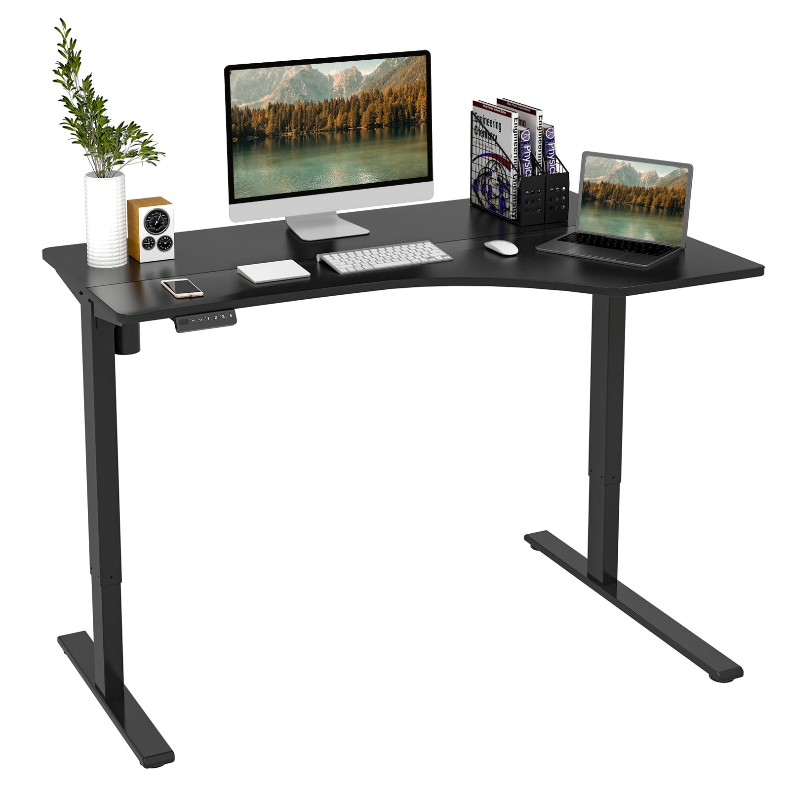 L-Shaped Electric Standing Desk 55 Inch - Adjustable Height Sit Stand Computer Desk with Splice Board for Home Office, Gaming & Workstation (Black Top + Black Frame) | Ergonomic Workspace Solution for Productivity & Comfort