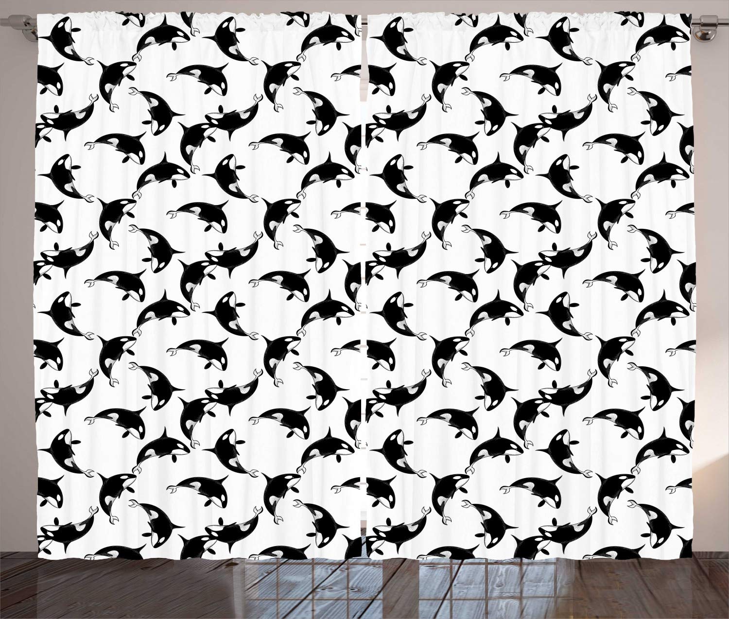 Lunarable Orca Whale Doodle Print Blackout Curtains - 2 Panel Set, 108x96 Inches, Charcoal Grey & White - Coastal & Nautical Themed Living Room Bedroom Window Drapes for Kids Room, Beach House Decor