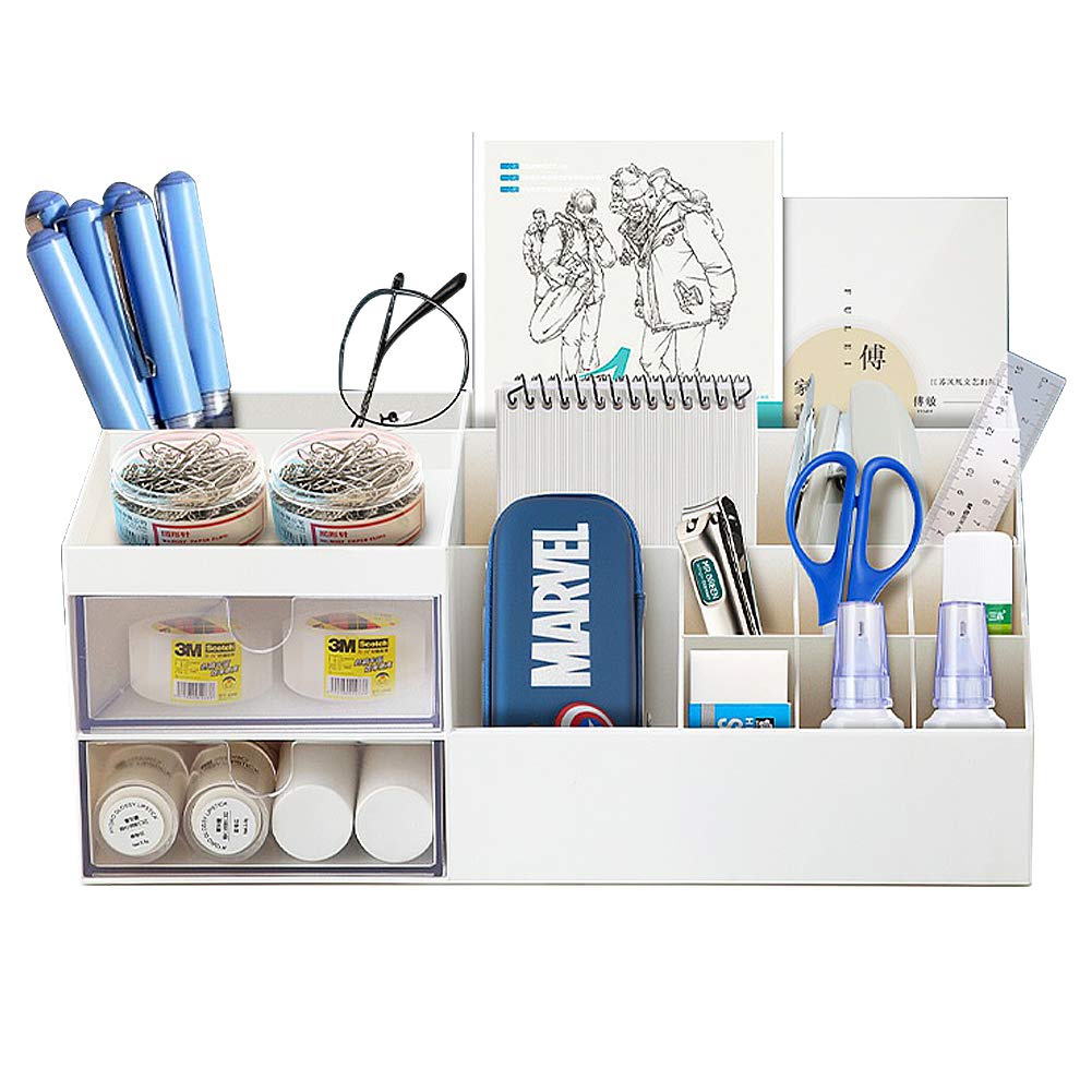 Premium White Plastic Desk Organizer with 5 Compartments - Stylish Storage Box for Office, School & Home - Perfect for Makeup, Stationery & Vanity Accessories (Large 9.6 x 4.7 x 3.5 Inches) - Ideal Workspace & Study Organization Solution