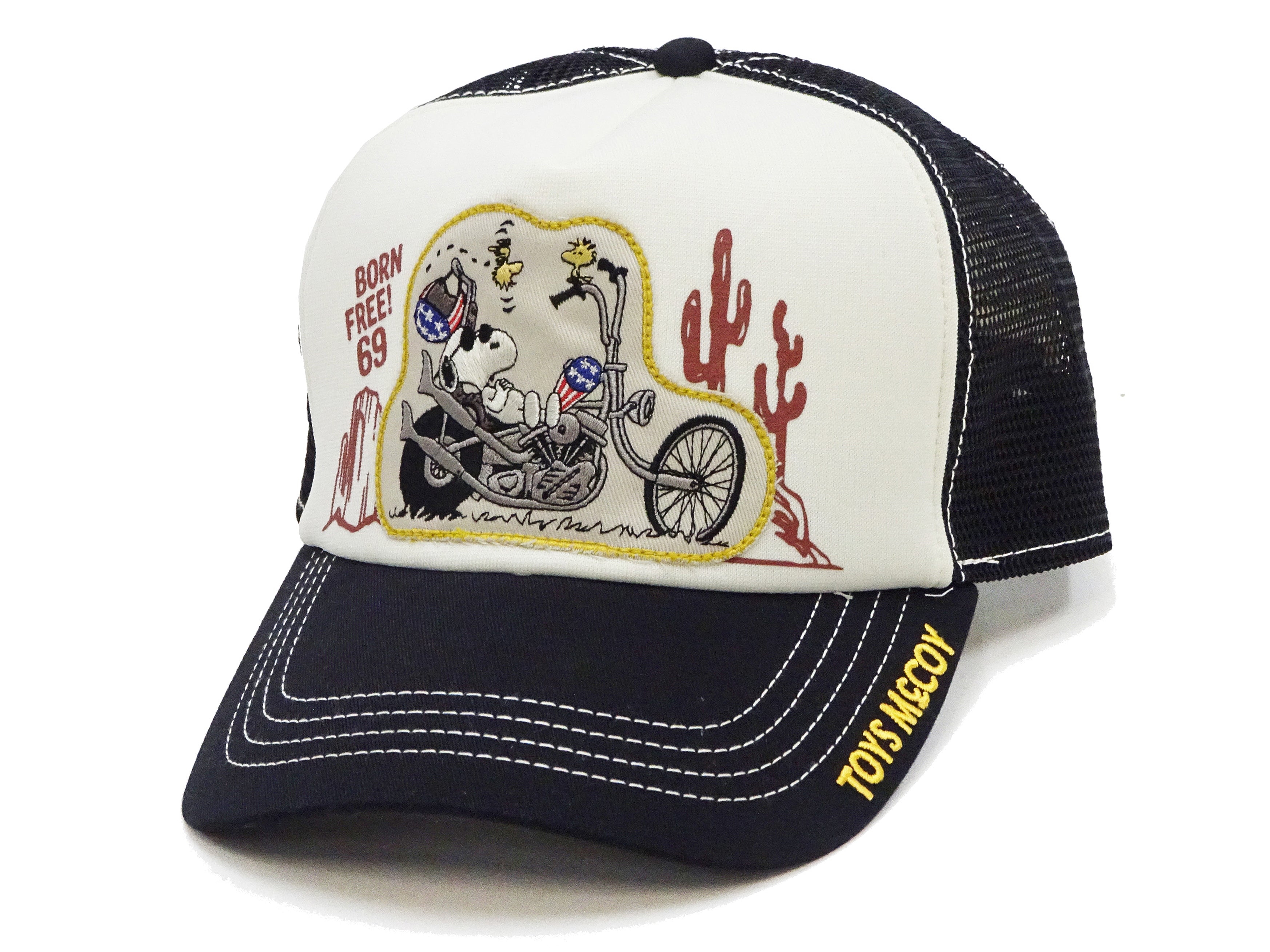 TOYS McCOY Snoopy Embroidered Baseball Cap for Men - Adjustable Mesh Back Trucker Hat with Curved Brim - Casual Graphic Snapback (TMA2502 Off White/Black) - Perfect for Outdoor Activities, Streetwear & Everyday Fashion
