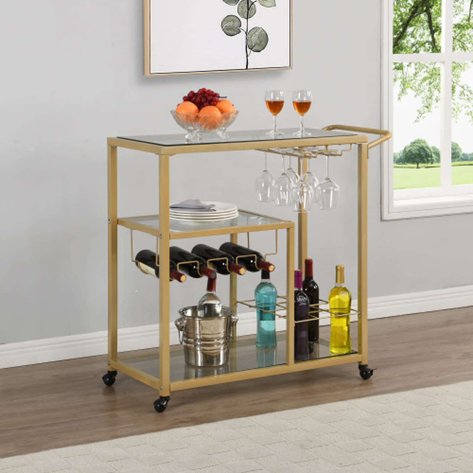 YUEHUI 3-Tier Golden Bar Cart with Wine Rack & Glass Holder - Metal Frame & Tempered Glass Kitchen Serving Cart for Home, Party, and Outdoor Entertaining