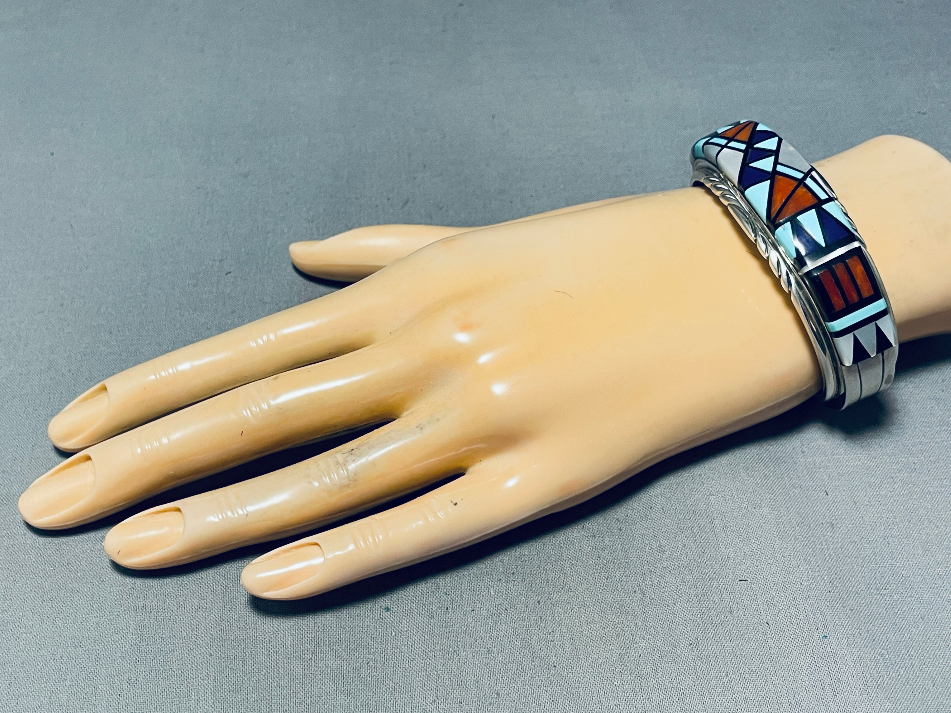 6.5 Inch Vintage Native American Navajo Turquoise Inlay Sterling Silver Bracelet for Women - Handmade Southwest Jewelry for Boho Fashion & Gift Giving
