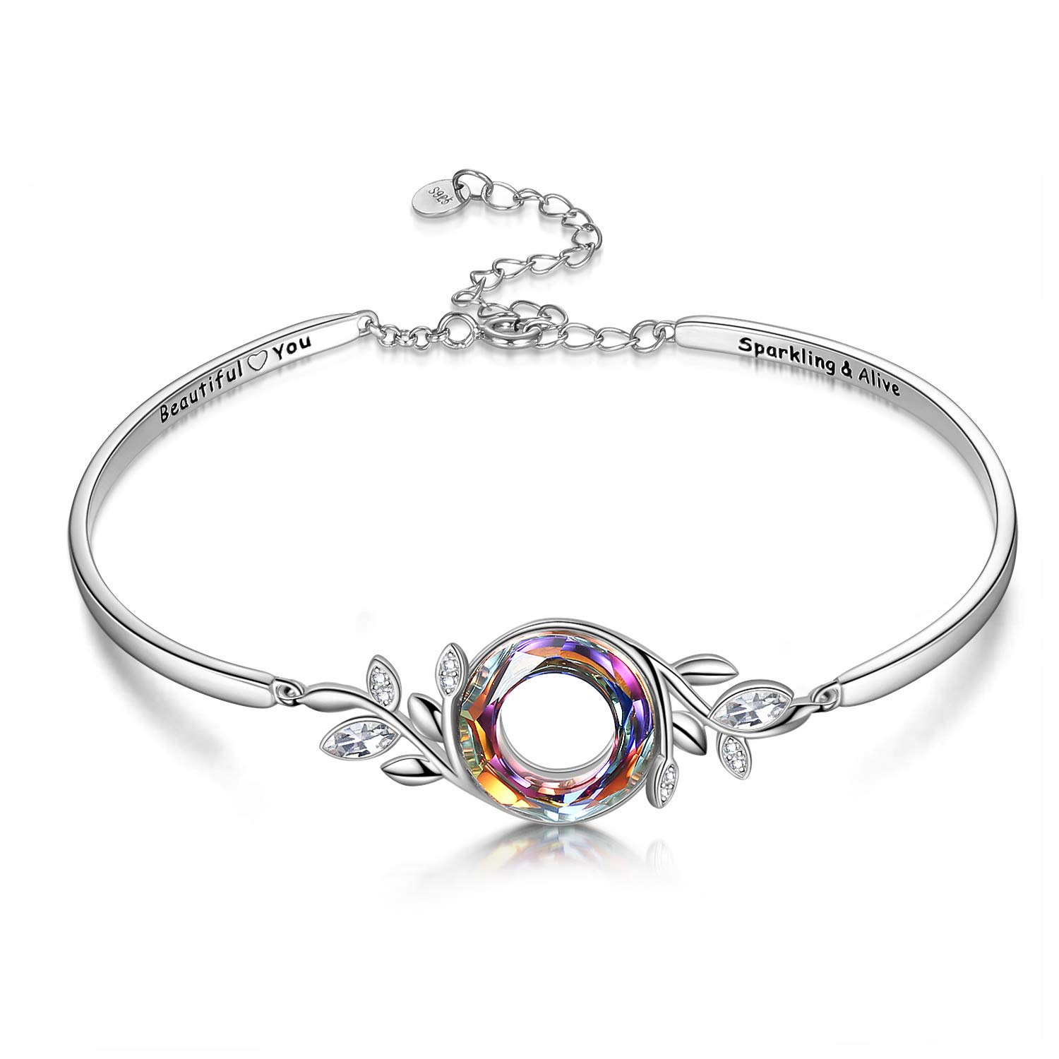 AOBOCO Sterling Silver Bangle Bracelet for Women with Genuine Crystals - Elegant Adjustable Jewelry Gift for Her - Perfect for Weddings, Anniversaries & Everyday Wear