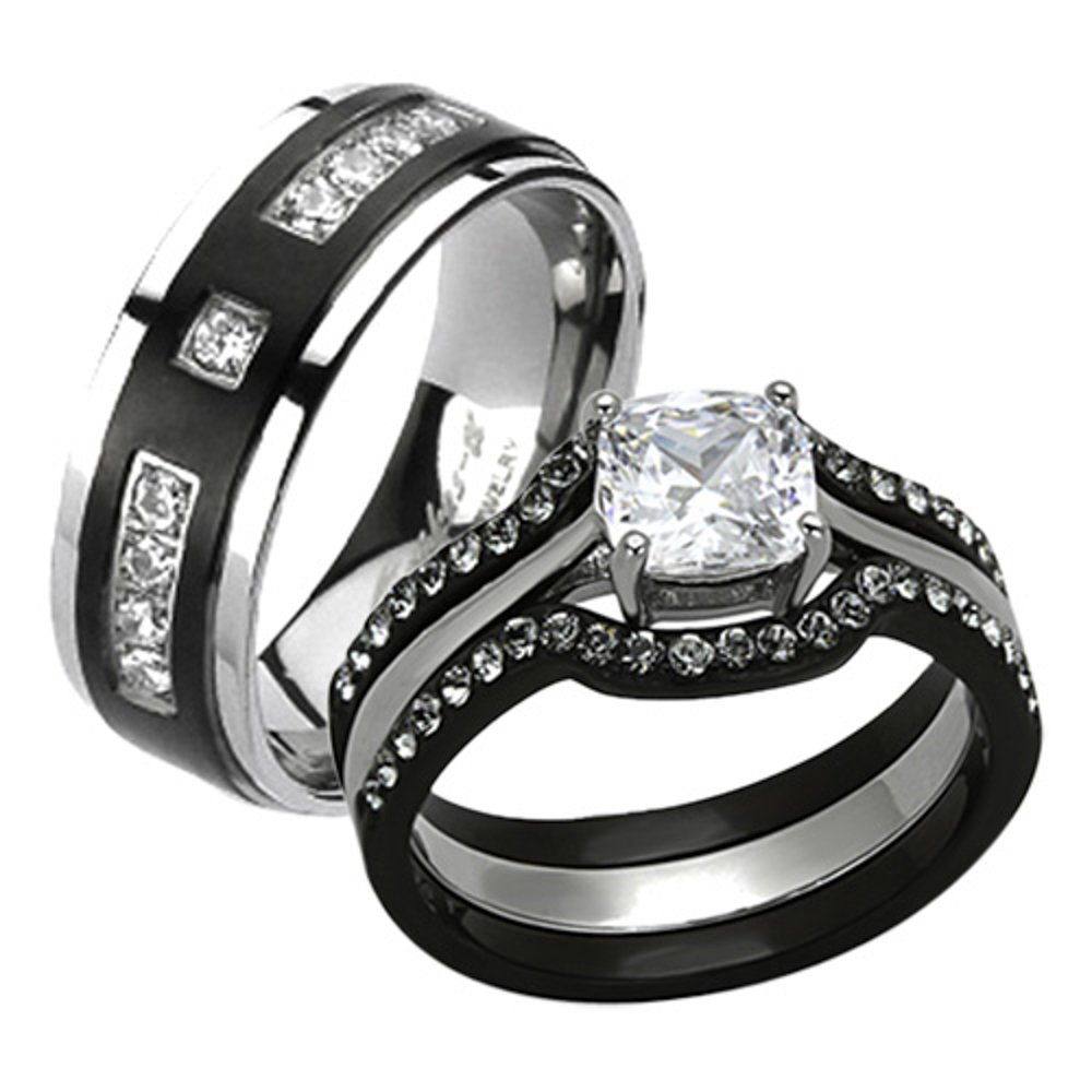 His & Her Wedding Rings Set - Stainless Steel & Titanium Bands for Couples - Anniversary Gift