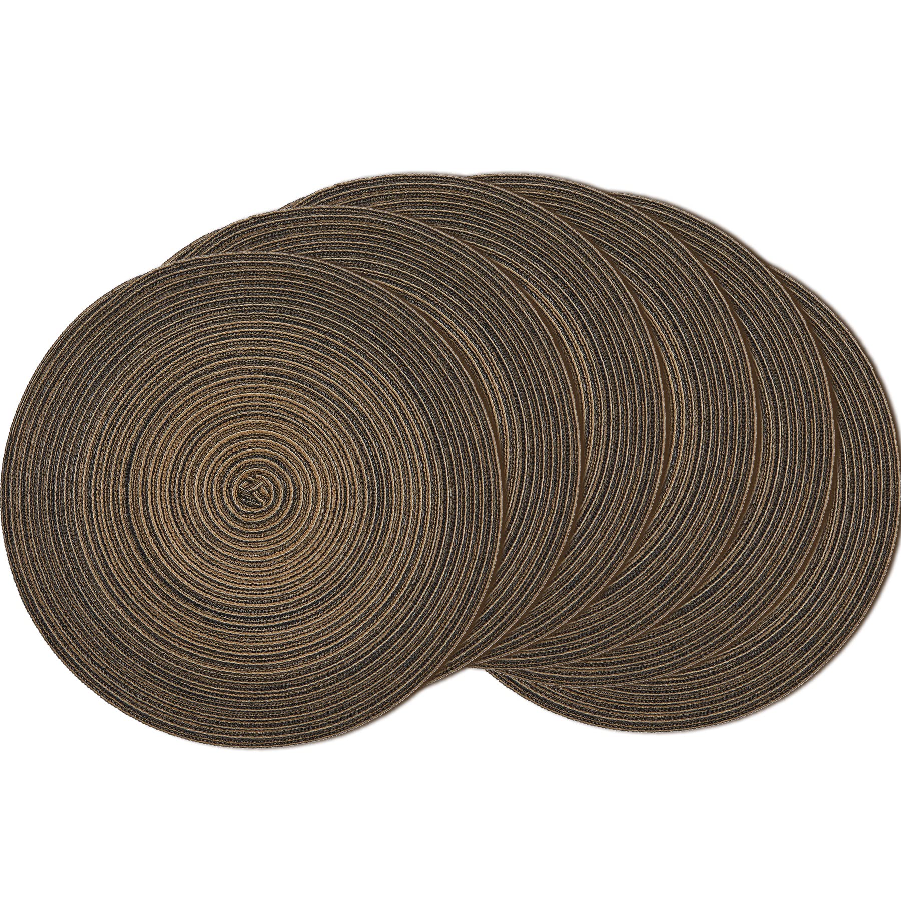 6-Pack Round Braided Woven Placemats for Dining Tables - 15 Inch Decorative Table Mats for Round Tables (Black/Brown) - Perfect for Holiday Dinners, Casual Meals & Kitchen Decor