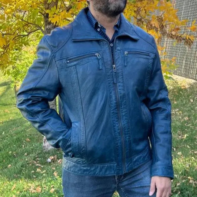 Premium Men's Lamb Leather Jacket with Two Zipper Chest Pockets - Stylish & Durable Outerwear for Casual Wear, Motorcycle Riding & Night Out