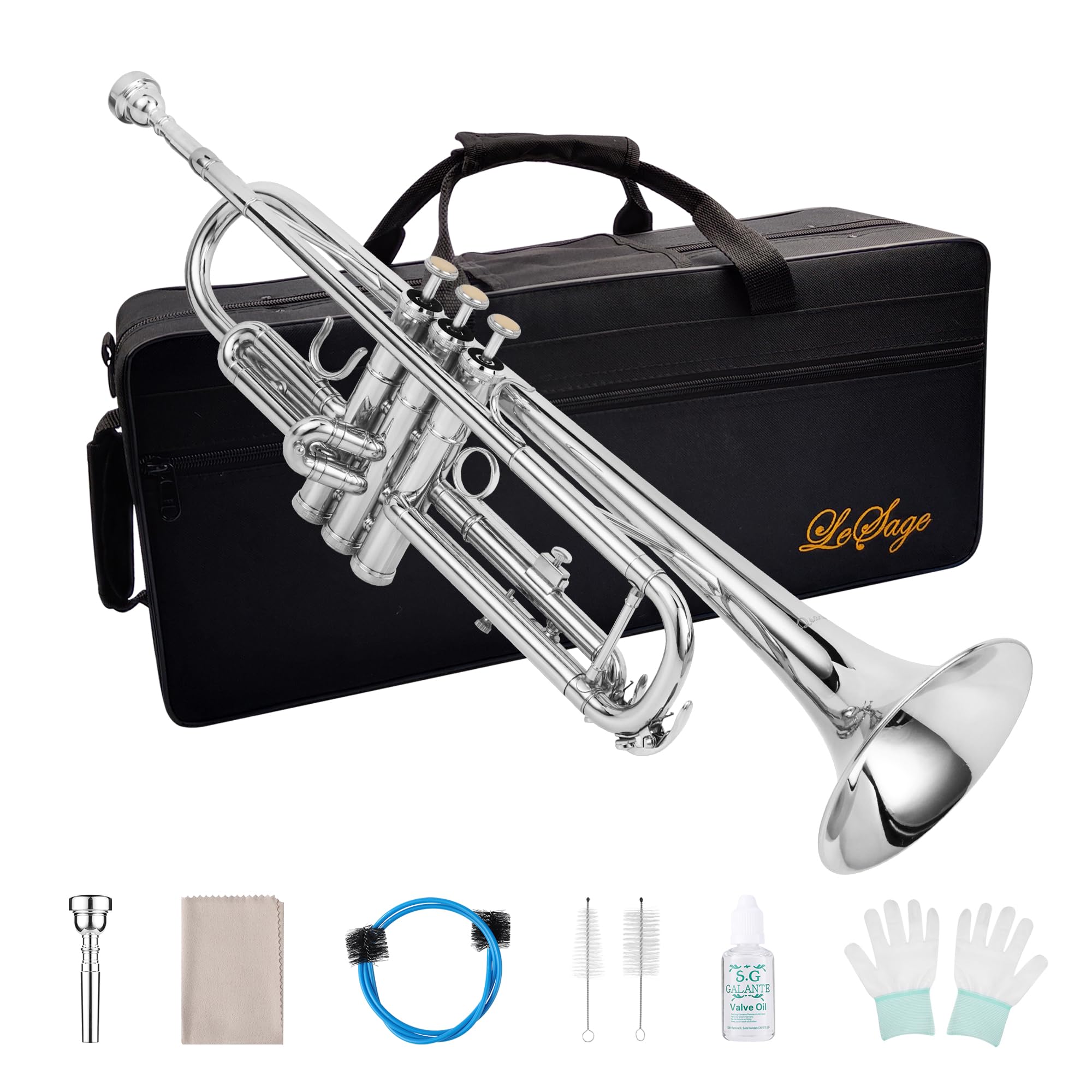 LeSage Bb Trumpet for Beginners - Professional Brass Instrument with Nickel Silver Finish, Includes Mouthpiece, Cleaning Kit, Valve Oil & Hard Case - Perfect for School Bands, Music Lessons & Jazz Performances