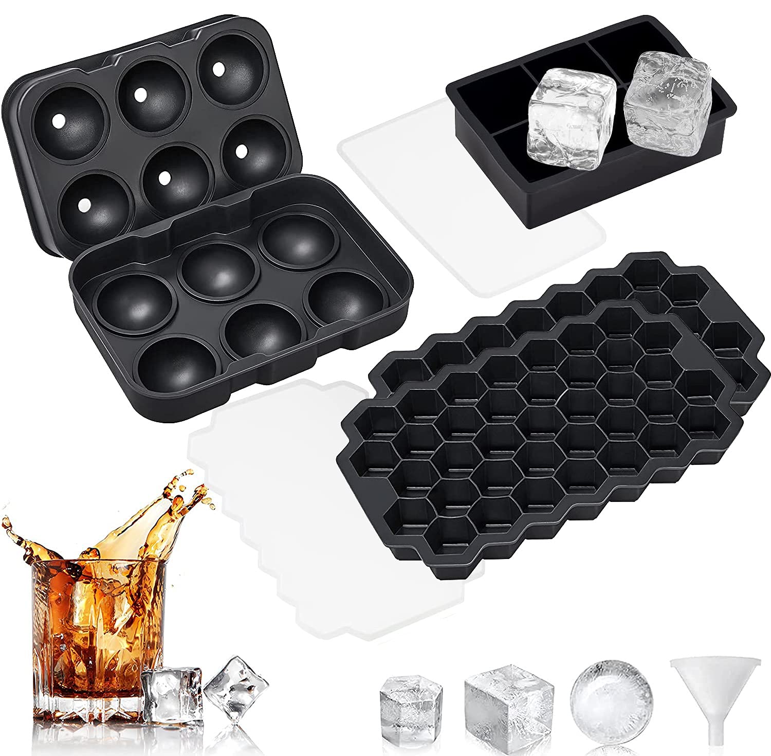 4 Pack Silicone Large Round Ice Cube Tray with Lid - Reusable Whiskey Ice Ball Mold for Cocktails, Sphere & Square Ice Trays for Freezer - Perfect for Bourbon, Scotch, Whiskey Drinks & Home Bar Accessories