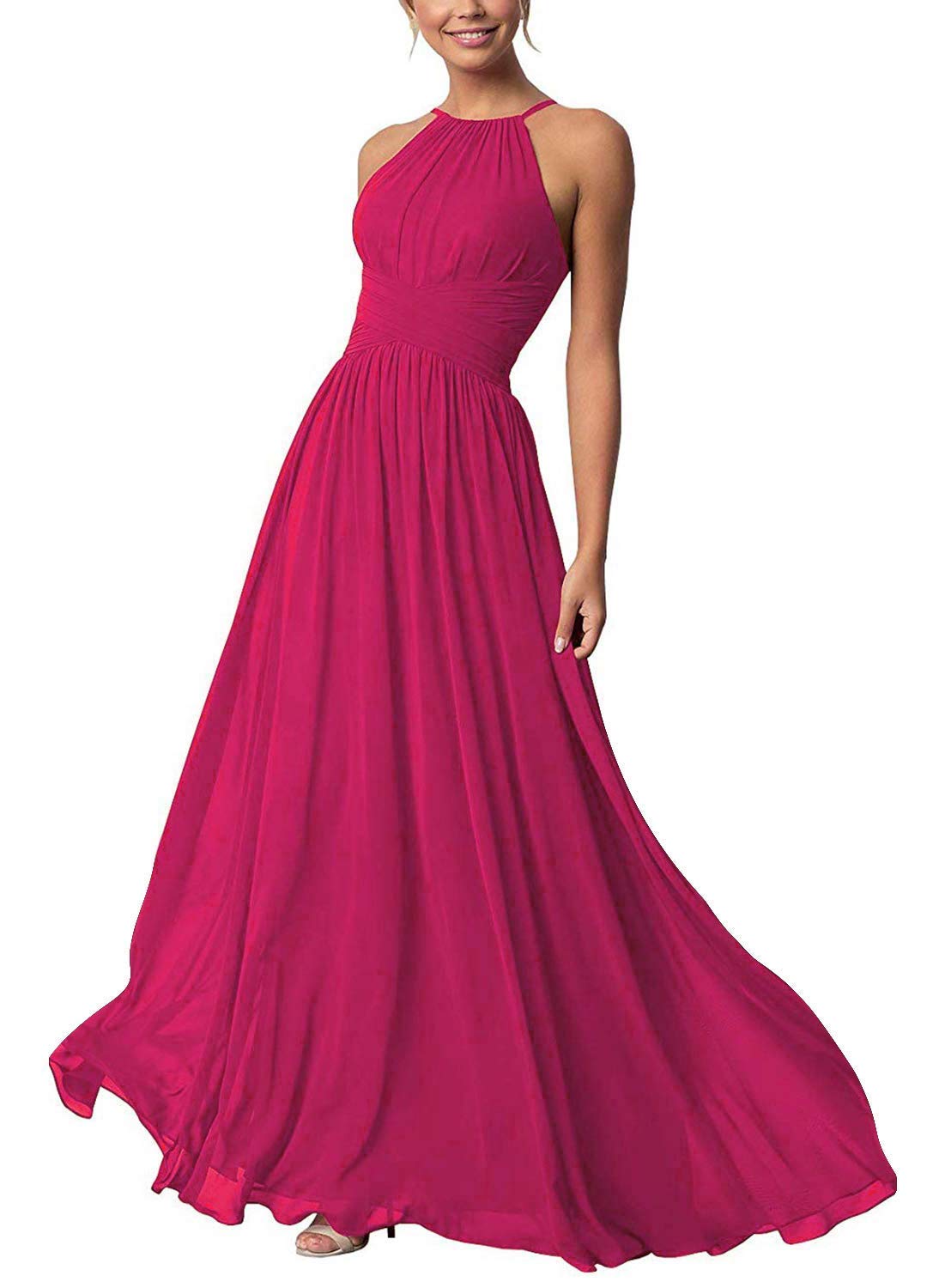 Elegant Chiffon Halter Bridesmaid Dress with Pleated Detail - Long Formal Prom Party Gown for Women - Perfect for Weddings, Evening Galas, and Special Occasions