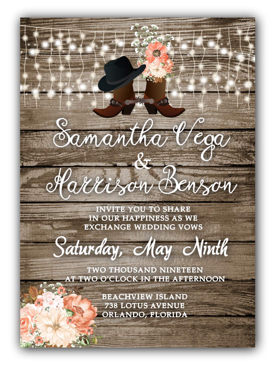 Personalized Country Boots Wedding Invitations - Custom Rustic Set of 50 with RSVP Cards in Pink & Brown - Perfect for Rustic Weddings, Barn Weddings & Country-Themed Events