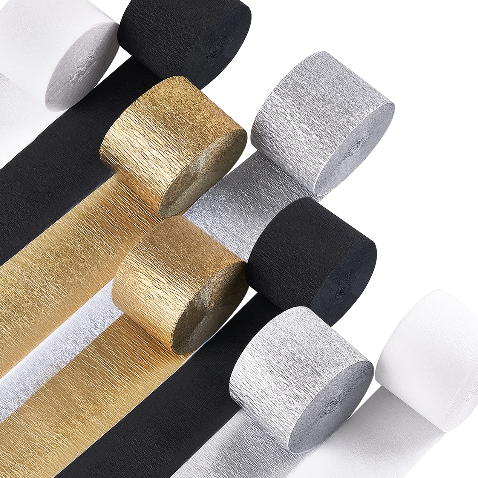 PartyWoo Crepe Paper Streamers - 8 Rolls (656ft) Silver, Black, White & Gold Decorative Streamers for Birthday Party, Wedding, Baby Shower Decorations - 1.8