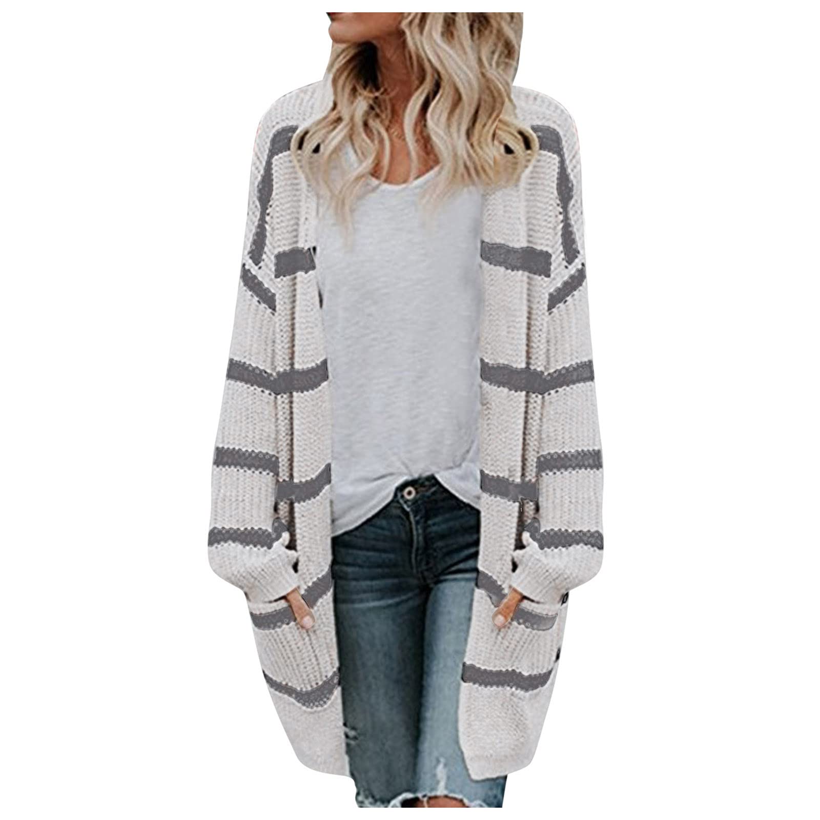 Women's Striped Batwing Sleeve Open Front Cardigan - Casual Knit Sweater Coat for Everyday Wear, Office & Fall Outfits