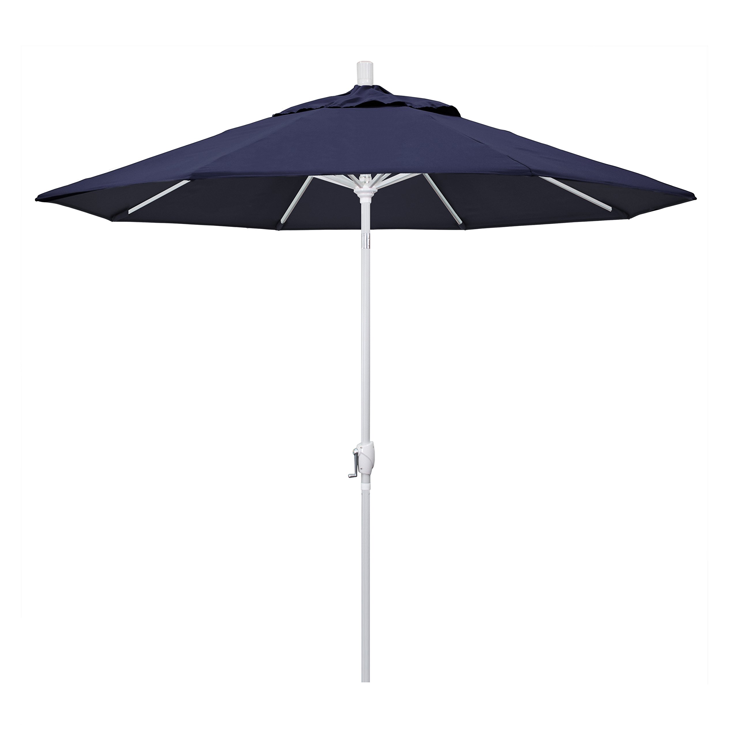 9' Round Aluminum Market Umbrella with Crank Lift & Push Button Tilt - White Pole & Navy Blue Canopy for Patio, Garden, Poolside, and Outdoor Dining Areas