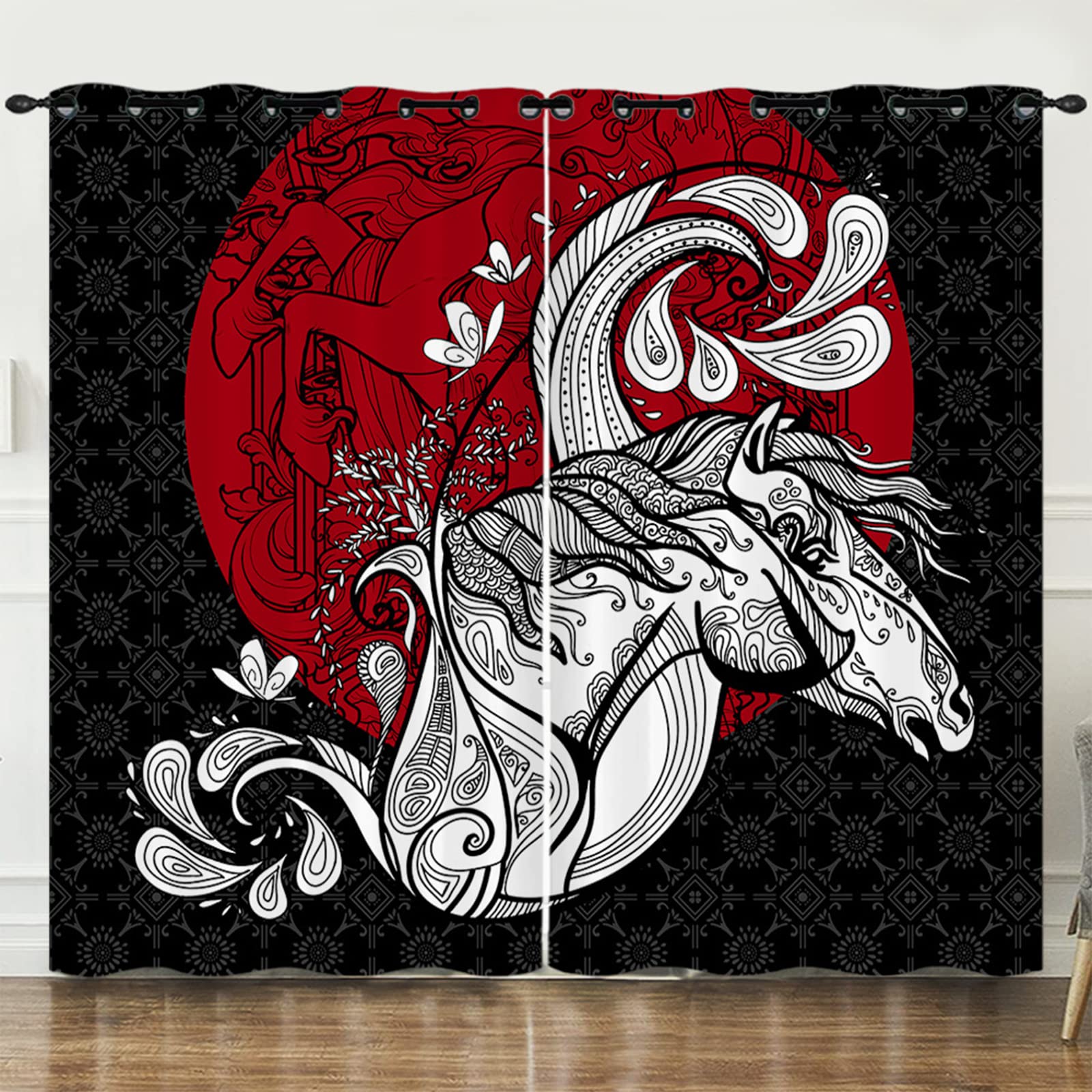 3D Printed Horse Curtains - Waterproof Animal Print Window Drapes with Grommet Top, Set of 2 Panels for Girls Room, Kitchen, Bedroom & Living Room Decor | Farmhouse & Equestrian Theme Home Design