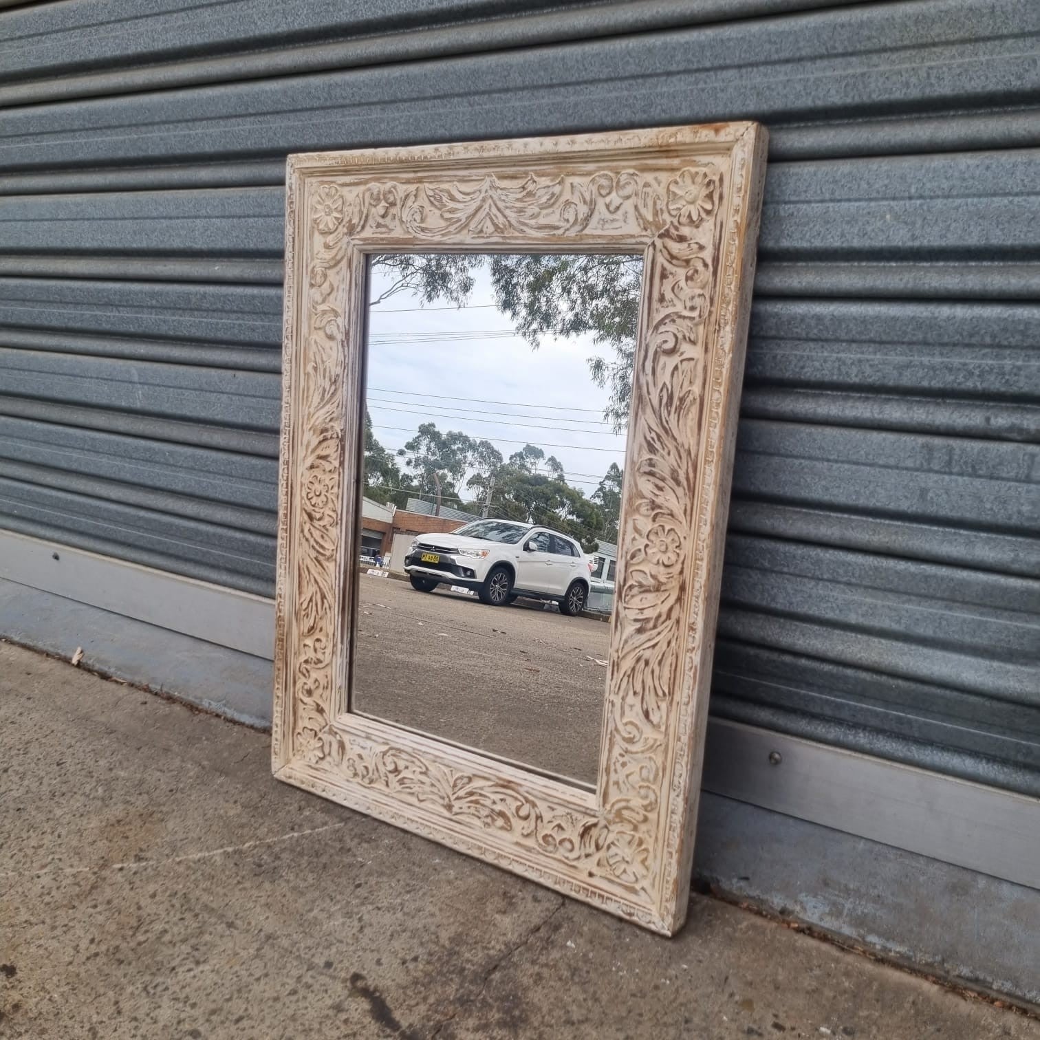 Handmade Floral Carved Solid Wood Mirror Frame - Rustic White Indian Furniture Decor for Bedroom, Living Room & Entryway