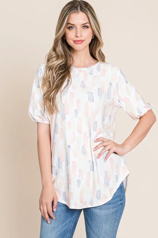 BOMBOM Women's Round Neck Puff Short Sleeve Blouse - Flowy Summer Top for Casual Wear, Office & Date Night