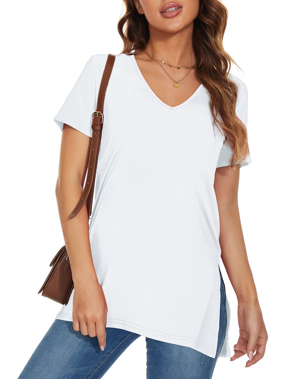 Women's V Neck T-Shirt - Casual Short Sleeve Loose Tunic Top with Side Slit | Perfect for Everyday Wear, Summer Outfits & Layering