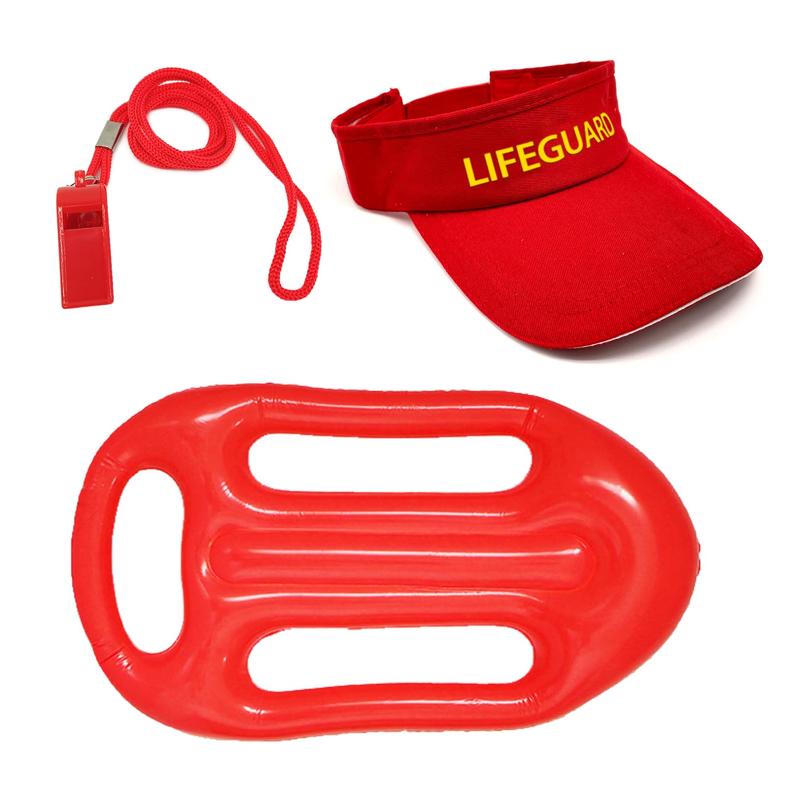 Baywatch Lifeguard Costume Set - 3-Piece Halloween Outfit with Adjustable Inflatable Hat & Lanyard Whistle - Red Lifesaving Accessories for Beach Party, Cosplay, and Halloween Costume Events