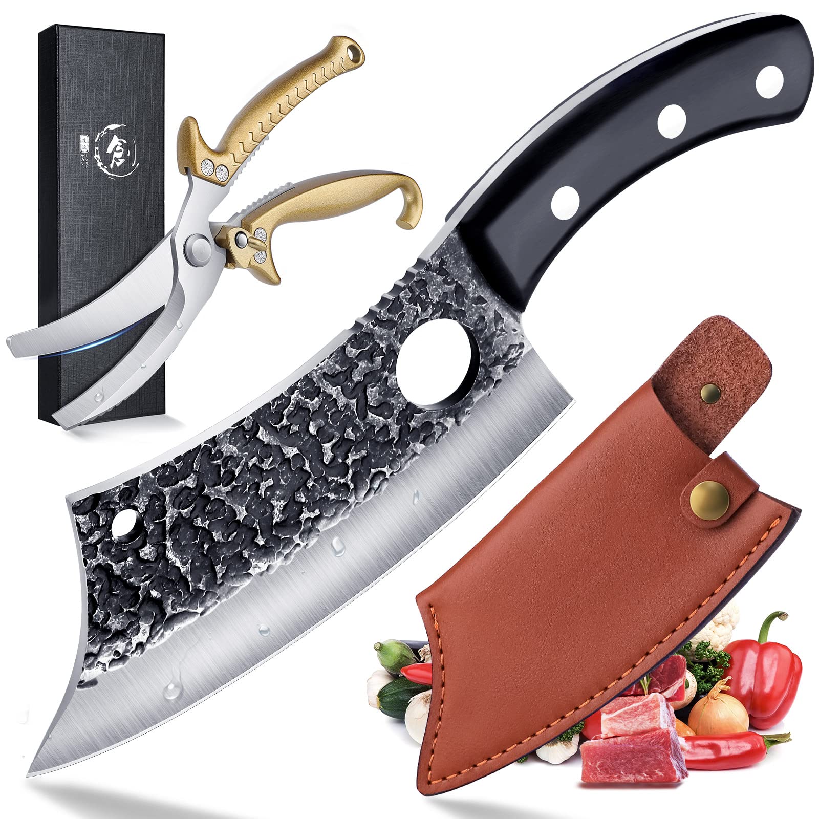 Ultra Sharp Butcher Knife & Heavy Duty Kitchen Shears Set - Professional Meat Cleaver & Poultry Shears for Cooking, BBQ, Outdoor Camping | Perfect for Home Chefs & Camping Enthusiasts