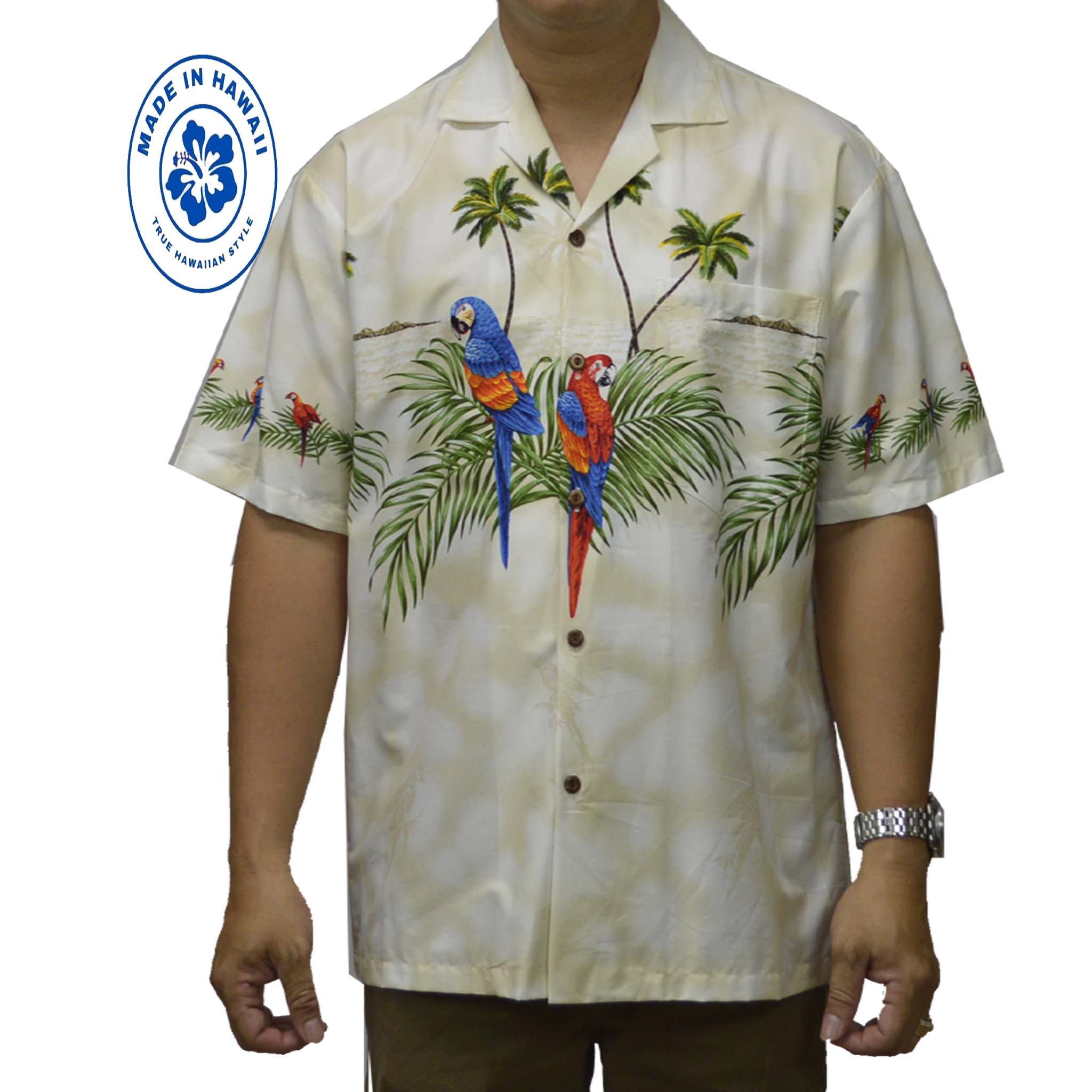 Ky's Hawaiian Cotton Shirt for Men - Tropical Island Parrot Print White Shirt - Perfect for Beach Vacation, Luau Party & Summer Outfits