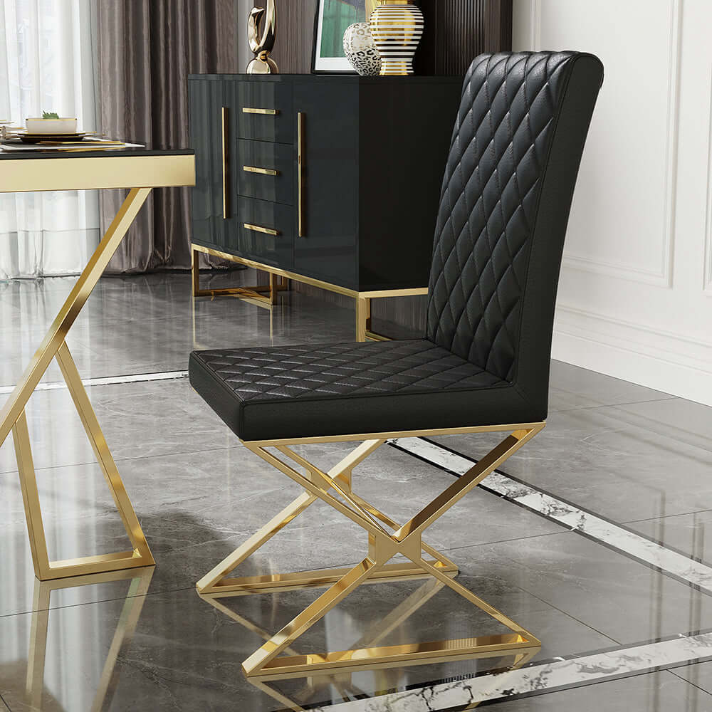 Modern Black Upholstered Leather Dining Chairs with Gold Metal Legs - Set of 2 - Elegant Seating for Dining Room, Kitchen, or Office
