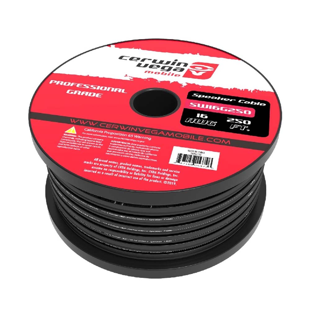 Cerwin Vega SW16G250 16AWG 250ft Frost Black with Red Edge Speaker Wire - High Performance Audio Cable for Home Theater, Car Audio, and Professional Sound Systems