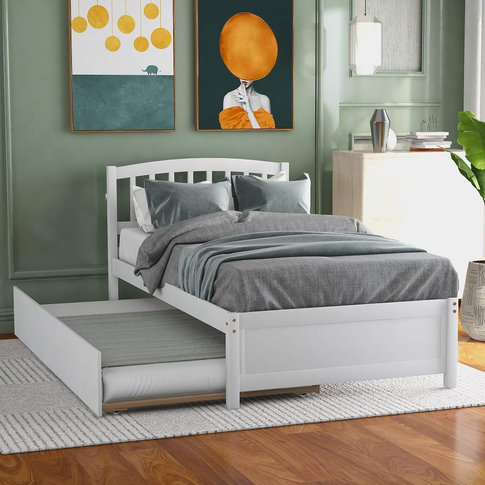 **Rhomtree Twin Size Platform Bed Frame with Trundle - Daybed with Headboard for Kids, Teens, Boys, Girls & Adults - Guest Bedroom & Small Space Solution (White)**    *(Perfect for kids' rooms, teen bedrooms, guest rooms, or small apartments - space-saving and stylish!)*
