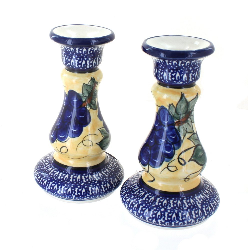 Handmade Blue Rose Polish Pottery Grapes Candlestick Pair with Cobalt Trim - Elegant Decorative Candle Holders for Dining Table, Wedding Centerpiece & Home Decor