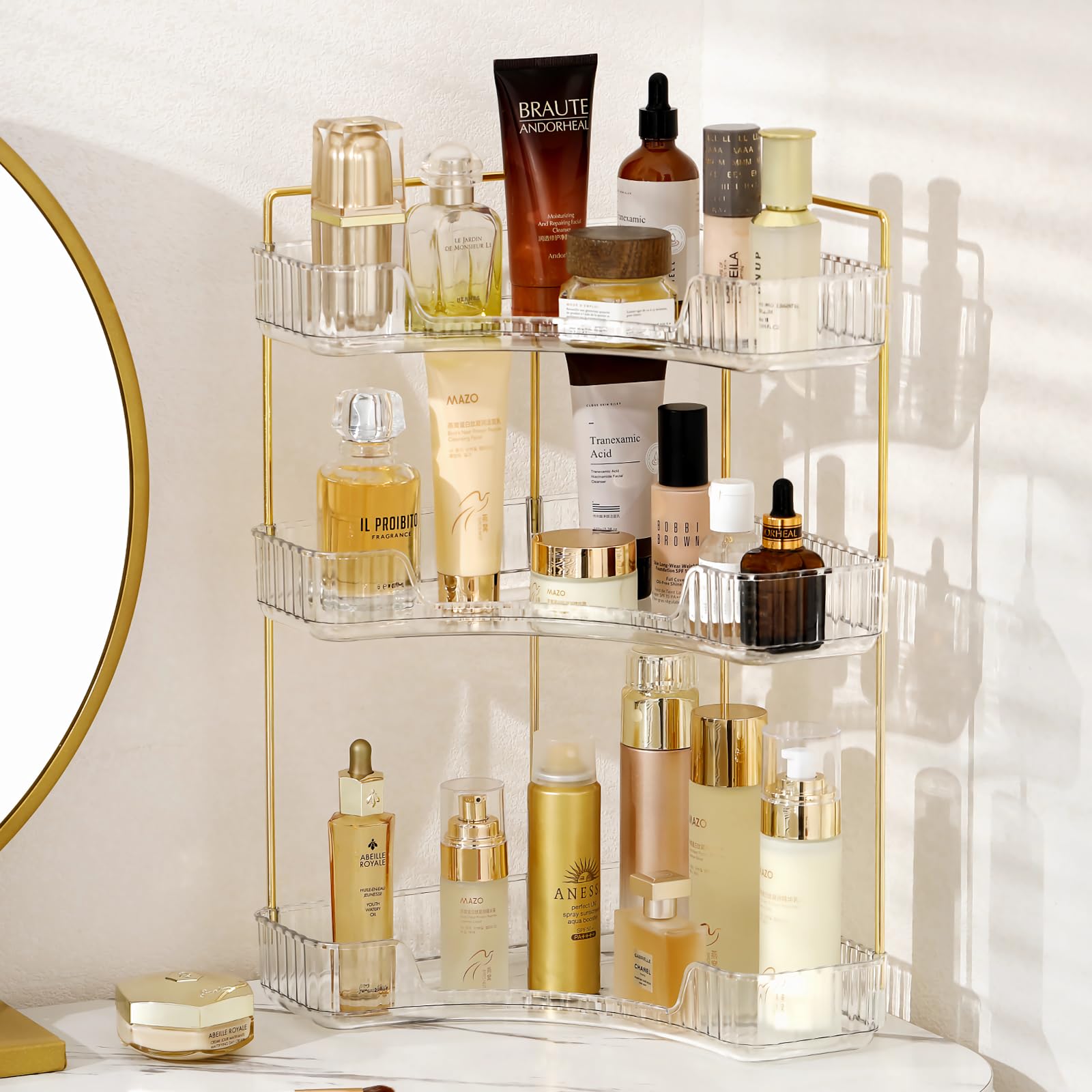 3-Tier Clear Corner Bathroom Countertop Organizer - Vanity Tray for Makeup, Perfume & Jewelry Storage | Space-Saving Spice Rack for Kitchen & Bathroom Organization | Perfect for Small Spaces, Countertops & Vanities