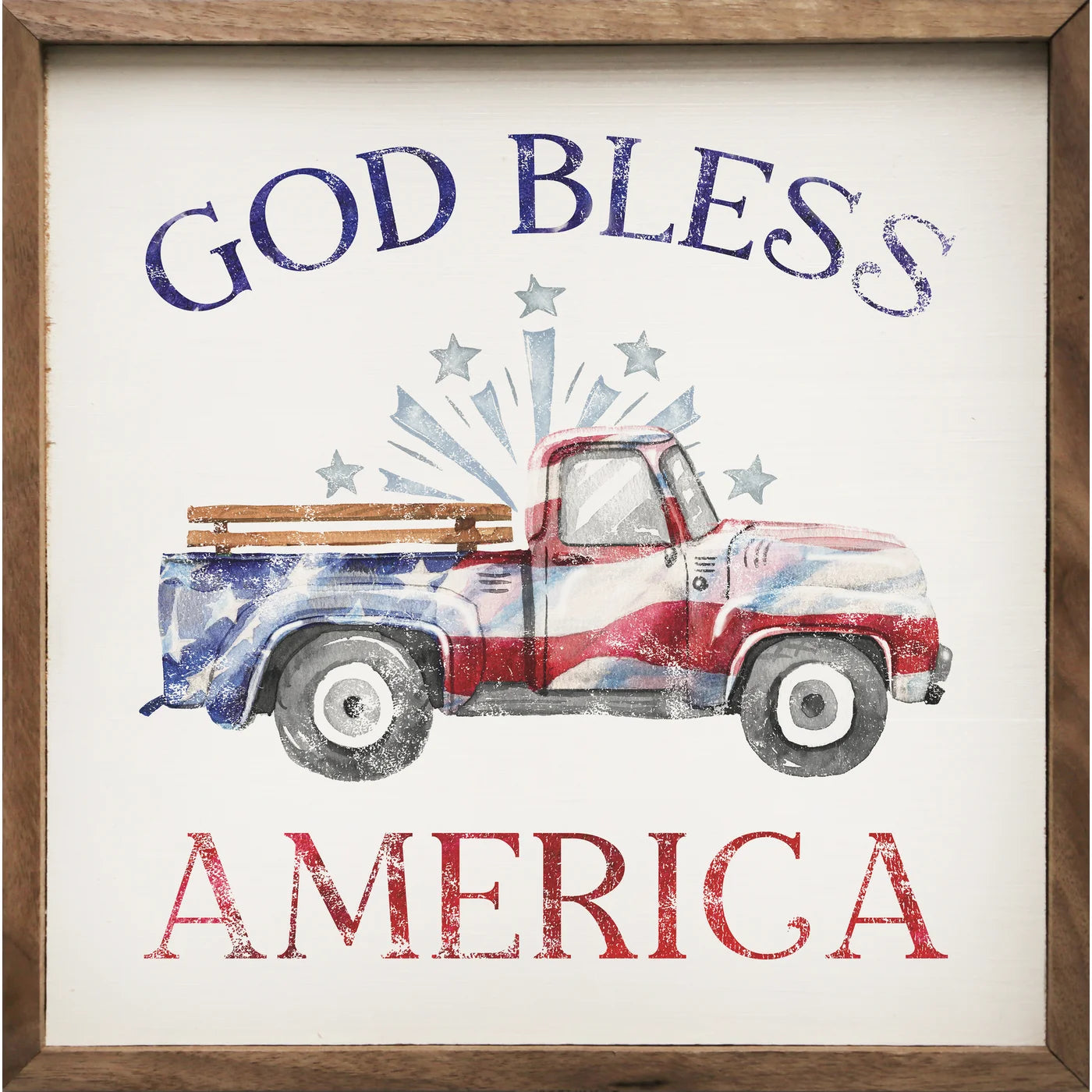 God Bless America Flag Truck White Wood Framed Print - Patriotic Wall Art Decor for Home, Office & Man Cave - Perfect for Independence Day & Veterans Day Decorations