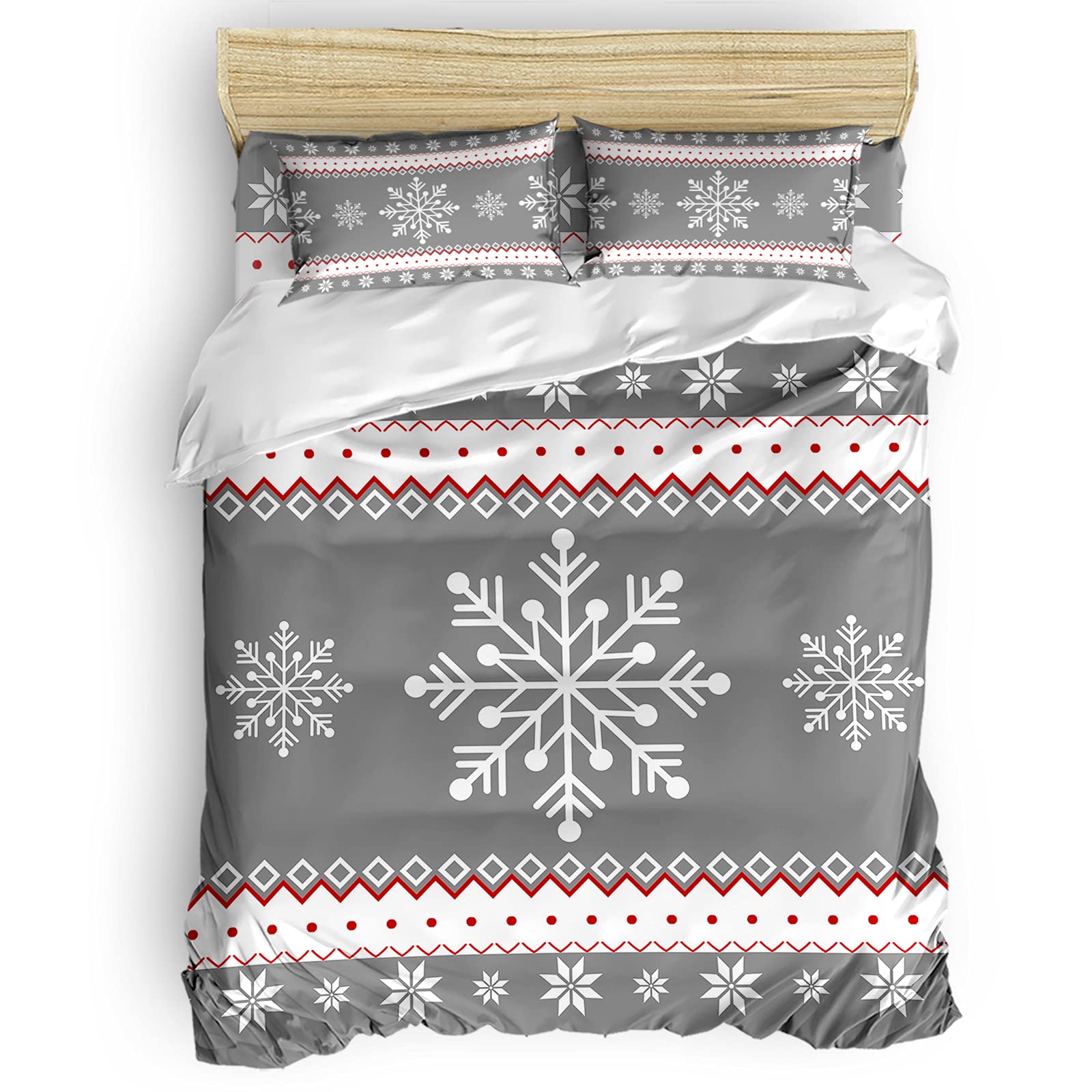 Seven Roses 4-Piece Christmas Bedding Set - Twin Size Quilt Cover, Soft Comforter, Sheets & Pillowcases - Snowflake Gray Winter Theme for Cozy Holiday Decor