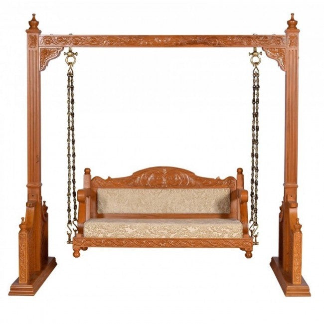 Hand Carved Jali Design Swing Daybed in Honey Brown - Perfect for Outdoor Patio, Garden, or Porch Relaxation