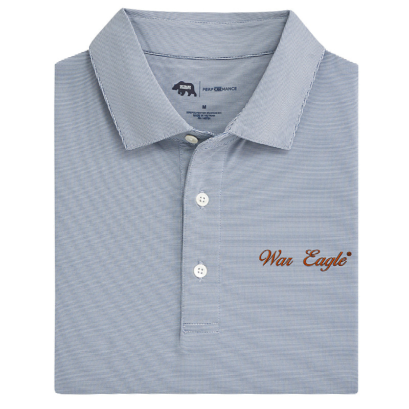 War Eagle Vintage Script Hairline Stripe Performance Polo Shirt - True Navy Blue - Moisture Wicking Golf & Casual Wear for Men