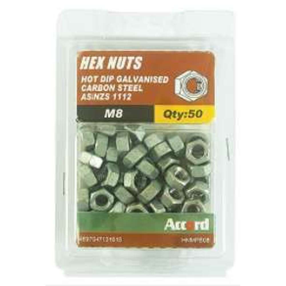 M8 Hex Galvanized Accord Nuts (50 Pack) - Durable Fasteners for Automotive, Machinery & DIY Projects