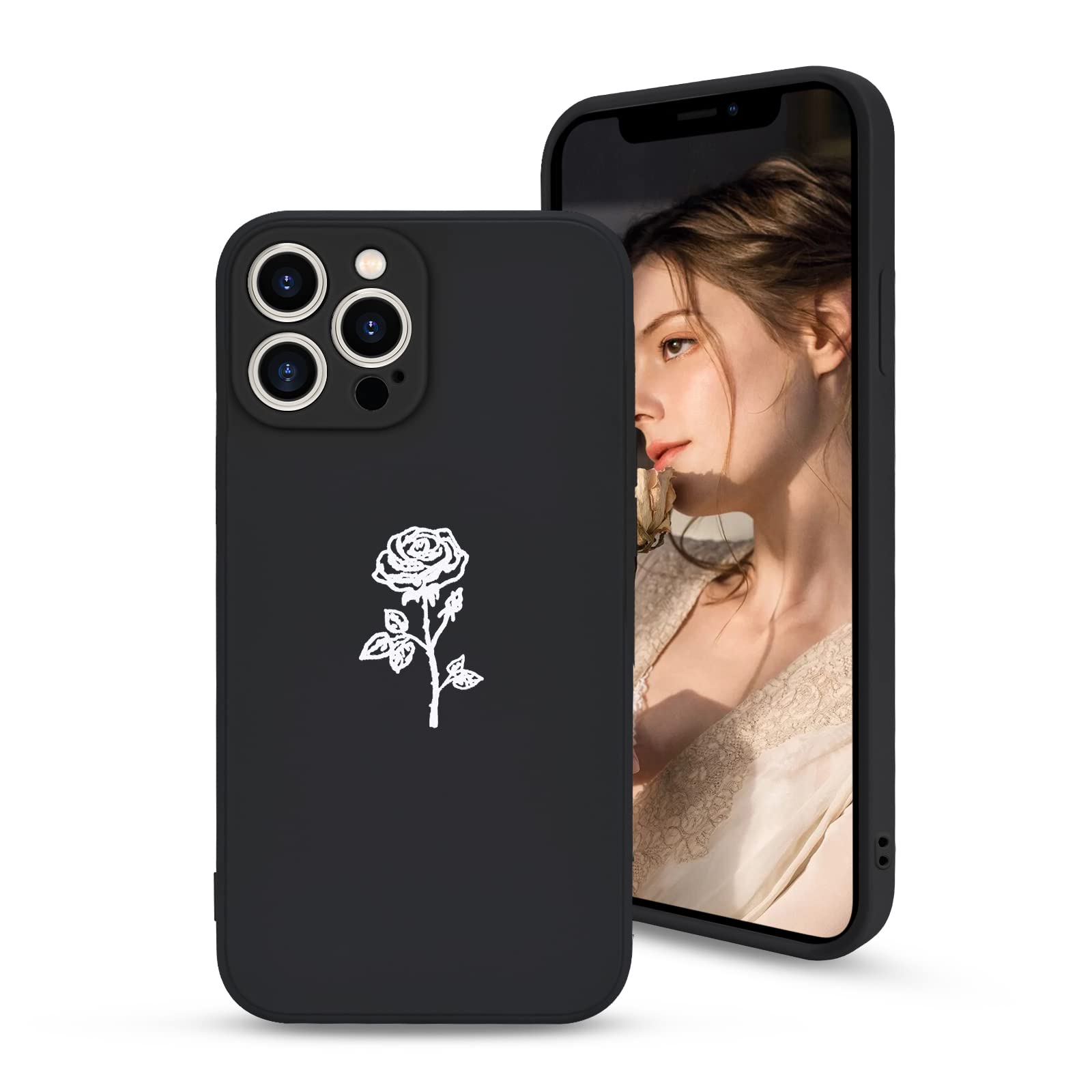 Newseego Soft Silicone Gel iPhone 12 Pro Max Case - Cute Rose Flower Design with Microfiber Lining | Slim & Durable Full Body Protection for Women & Girls | Perfect for Everyday Use, Work & Travel - Black
