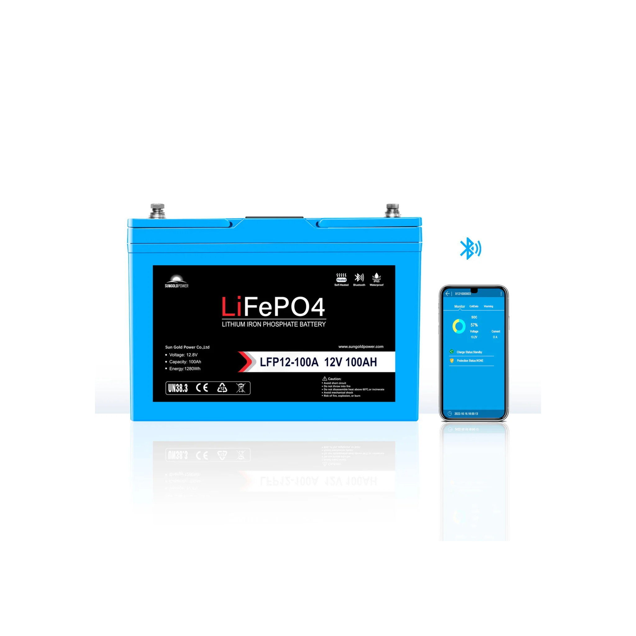 SunGoldPower 12V 100AH LiFePO4 Deep Cycle Lithium Battery with Bluetooth, Self-Heating & IP65 - Perfect for RVs, Solar Systems, Marine & Off-Grid Power Storage - SGP12V100S