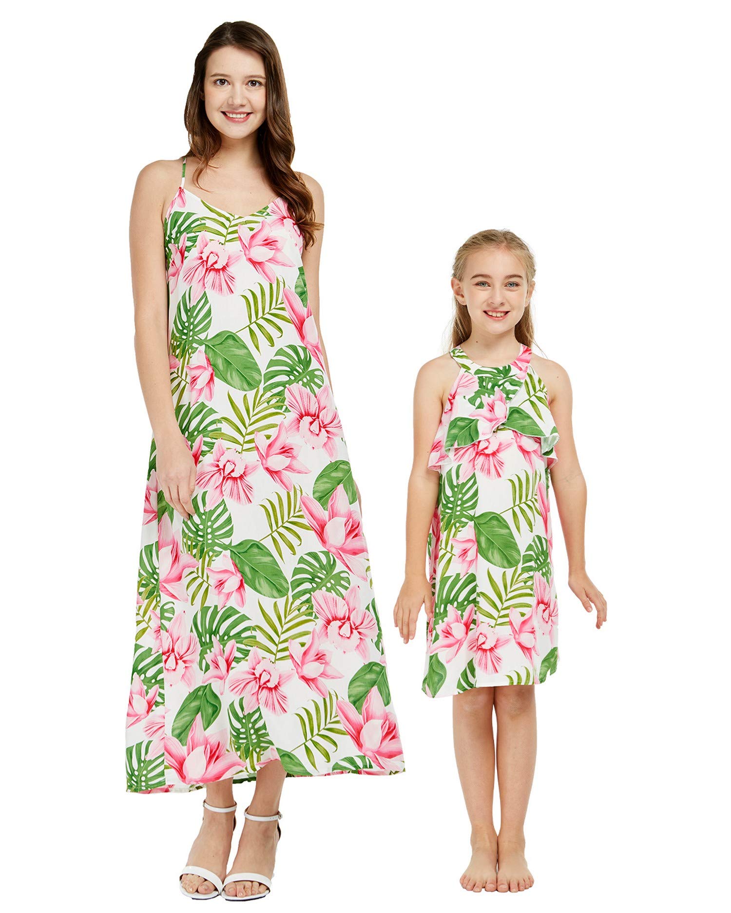 Hawaiian Luau Matching Mother Daughter Sweetheart Ruffle Dress - Wispy Cereus Black | Tropical Party Outfit for Beach Vacation, Family Reunion & Summer Events