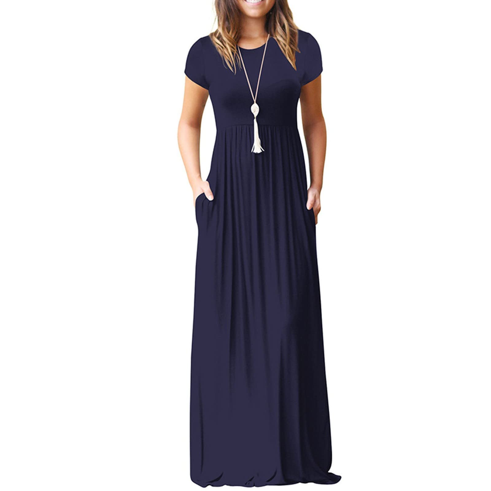 Neferlife Women's Wedding Guest Dress - Elegant Short Sleeve Round Neck Maxi Dress with Pockets | Solid Color Formal Evening Gown for Bridal Shower, Cocktail Party & Summer Events