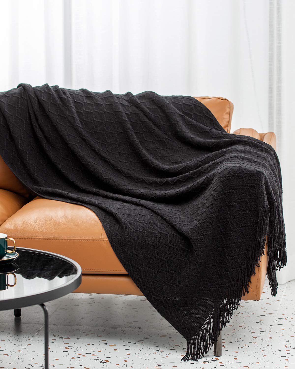 SPAOMY Soft Knit Throw Blanket with Tassels - Lightweight Textured Decorative Blanket for Couch, Bed, Sofa - Perfect for All Seasons (50x60 Inches, Black) - Ideal for Home Decor, Cozy Evenings & Travel Comfort