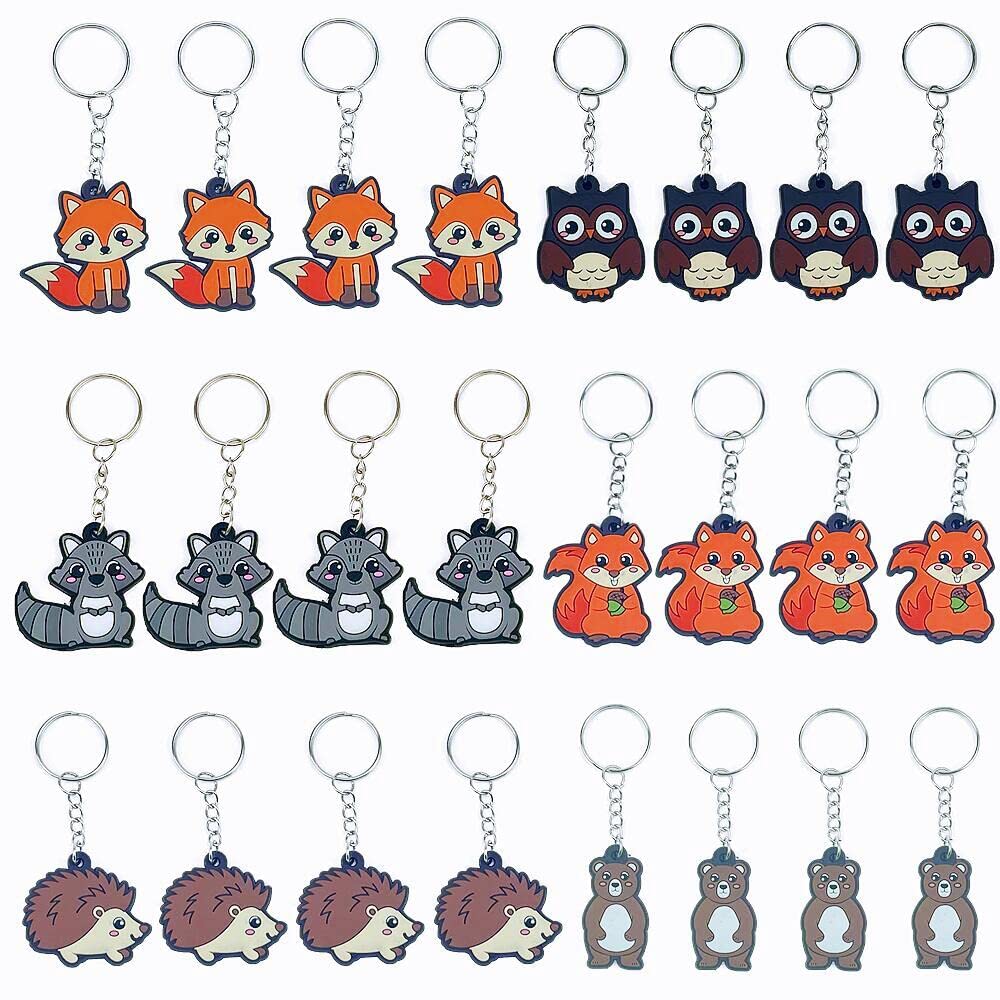 Happyay 24 PCS Woodland Animal Keychains - Cute Fox, Deer, Bear & Raccoon Keyrings for Kids Party Favors, School Carnival Prizes, Baby Shower Gifts & Birthday Bag Fillers - Perfect for Woodland Theme Parties, Classroom Rewards & DIY Craft Projects (Brown & Orange)